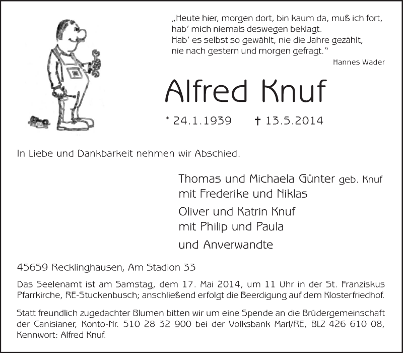  Traueranzeige für Alfred Knuf vom 15.05.2014 aus Medienhaus Bauer